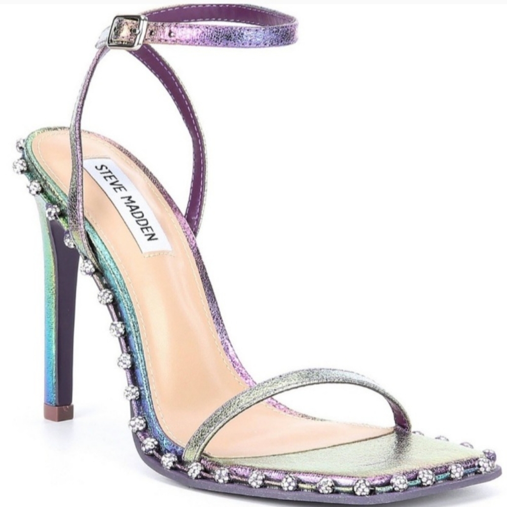 Steve Madden Iridescent Multicolor Gem-Trim Ankle Strap Sandals